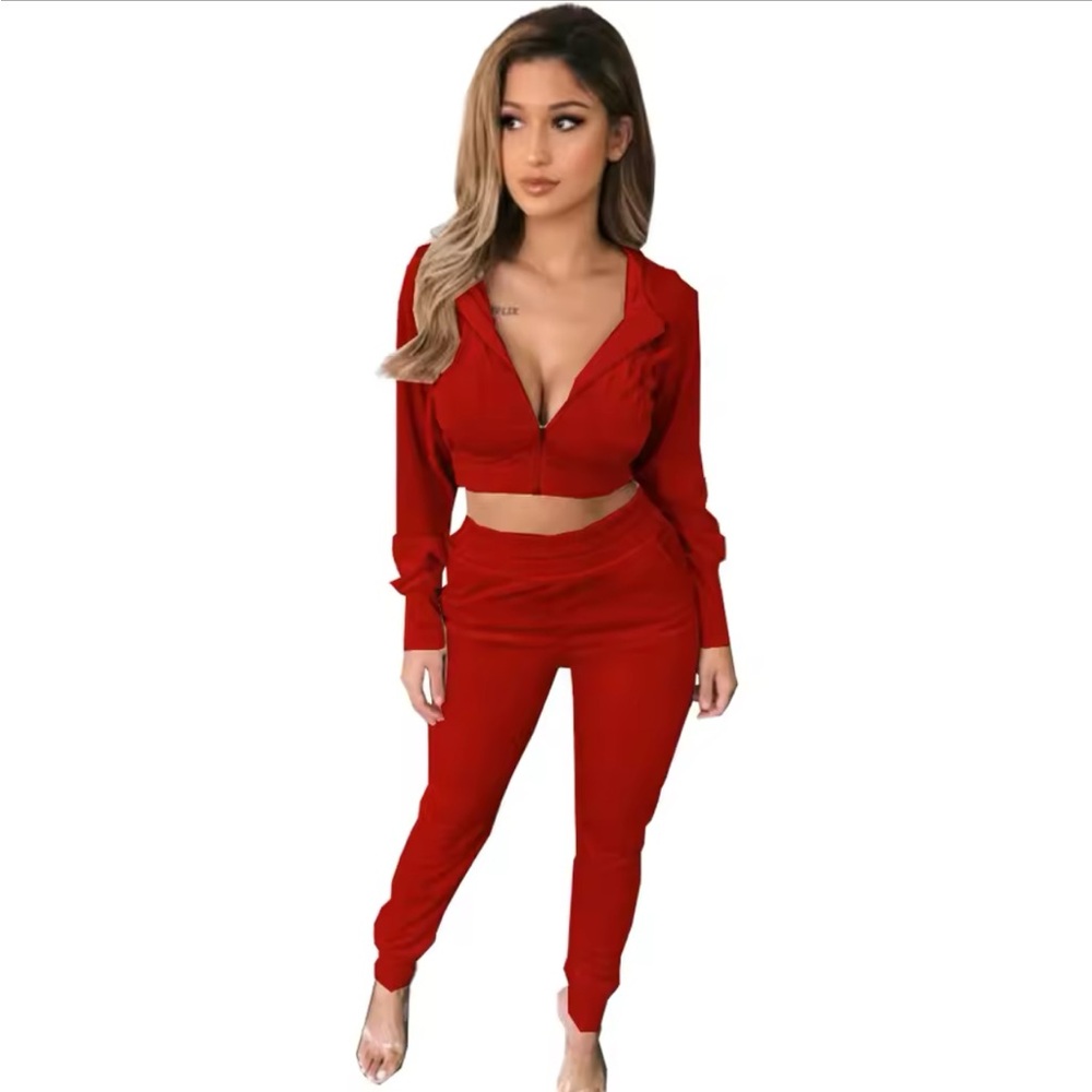 Velvet Red Sexy Comfy Tracksuit Set Jacket & Pants